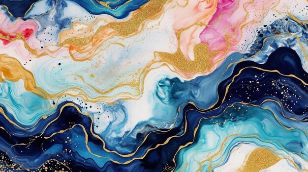 Photo a close up of a painting of a blue and gold fluid painting generative ai