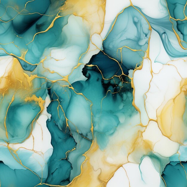 A close up of a painting of a blue and gold marble generative ai