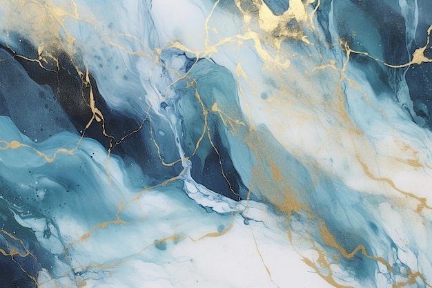 A close up of a painting of a blue and gold marble generative ai