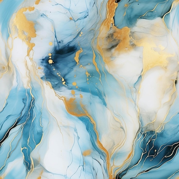 A close up of a painting of a blue and gold marble generative ai