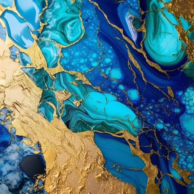 A close up of a painting of blue and gold paint generative ai