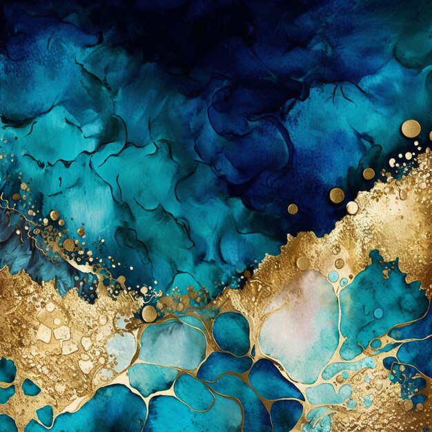 A close up of a painting of blue and gold paint generative ai