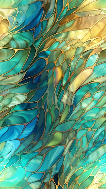 A close up of a painting of a blue and green wave generative ai