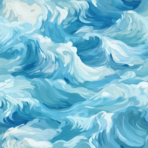 A close up of a painting of a blue ocean with white waves generative ai