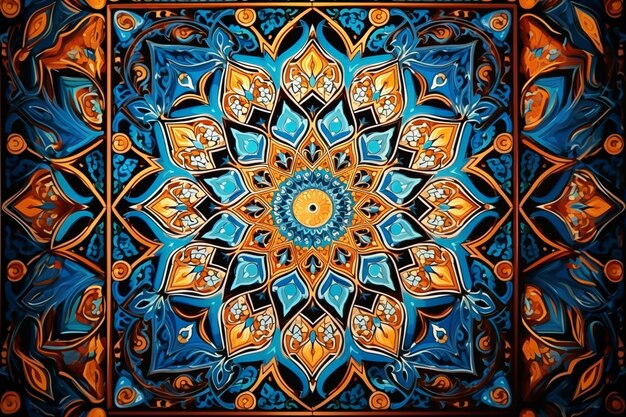 a close up of a painting of a blue and orange flower generative ai