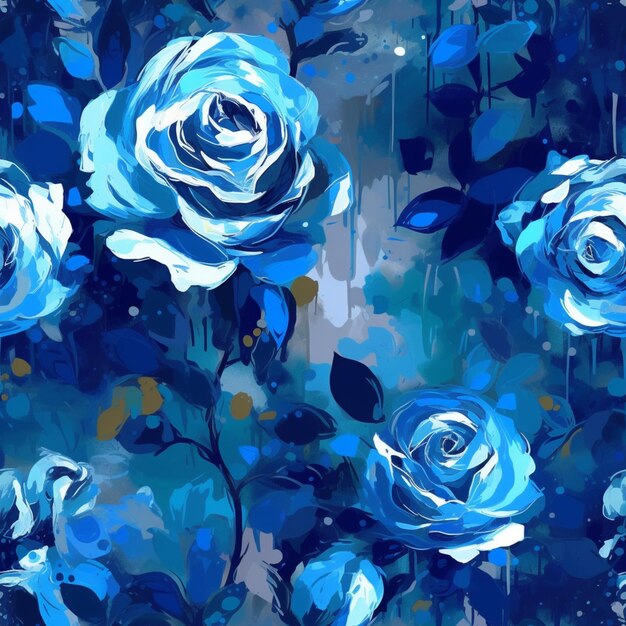 Foto un primo piano di un dipinto di rose blu su uno sfondo blu generativo ai