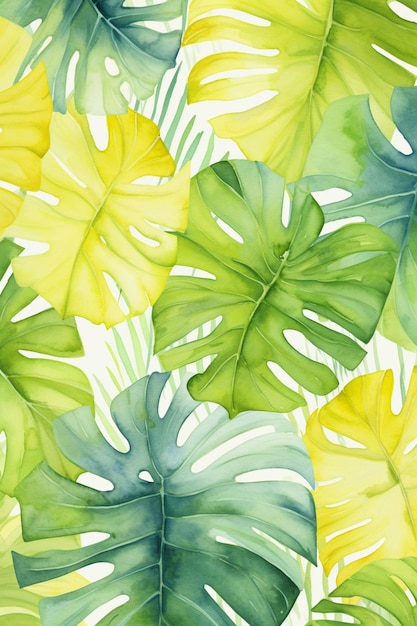 A close up of a painting of a bunch of green and yellow leaves generative ai