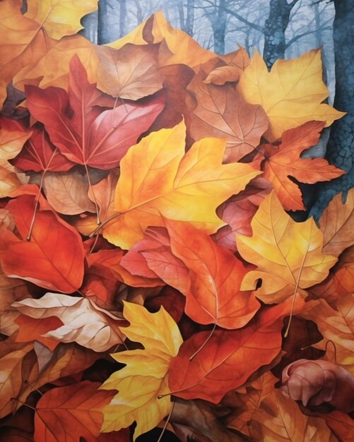 a close up of a painting of a bunch of leaves generative ai