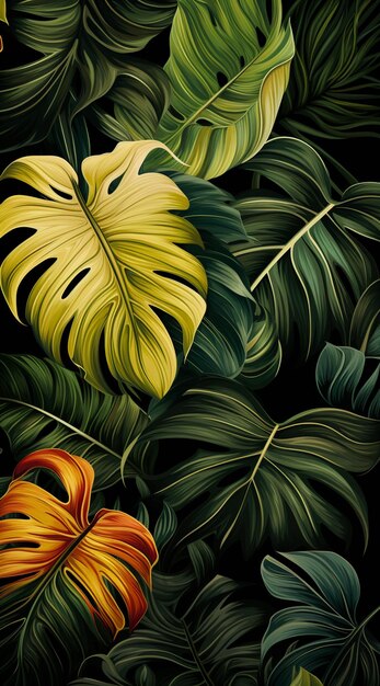 a close up of a painting of a bunch of tropical leaves generativ ai