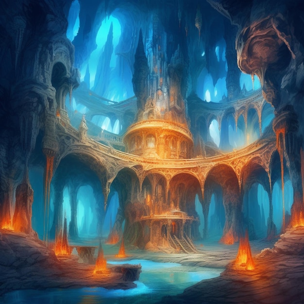 Крупный план картины замка в пещере, генерирующий искусственный интеллект