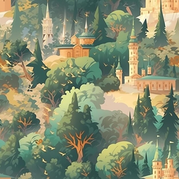 A close up of a painting of a castle in a forest generative ai