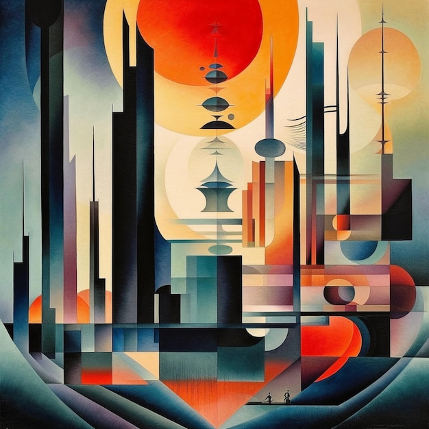 a close up of a painting of a city with a sun in the background generative ai