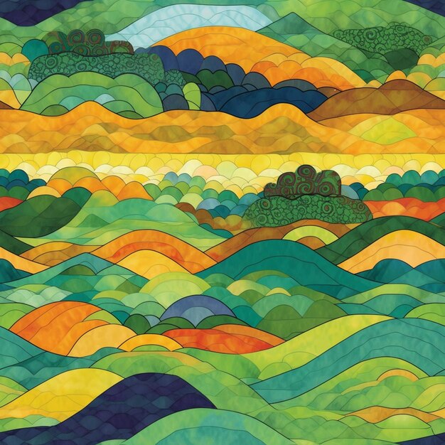 A close up of a painting of a colorful landscape with hills generative ai