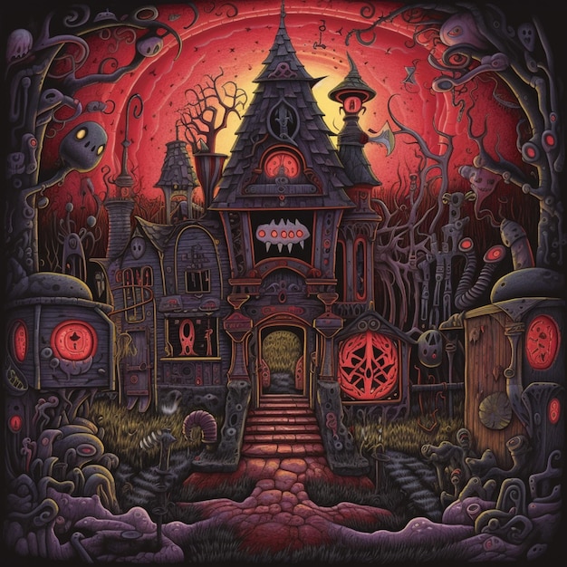 A close up of a painting of a creepy house with a clock tower generative ai