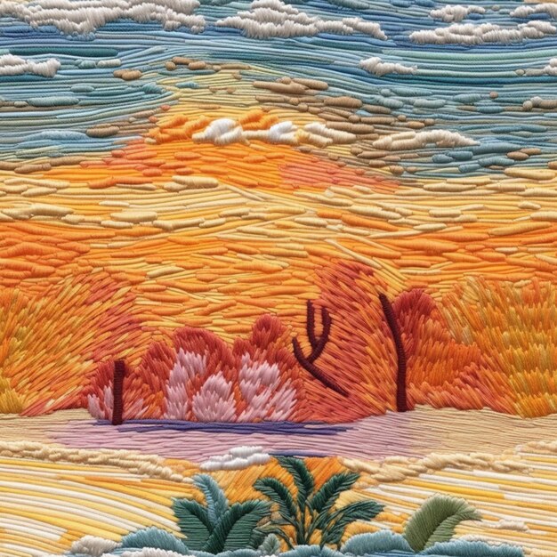 A close up of a painting of a desert scene with a sunset generative ai