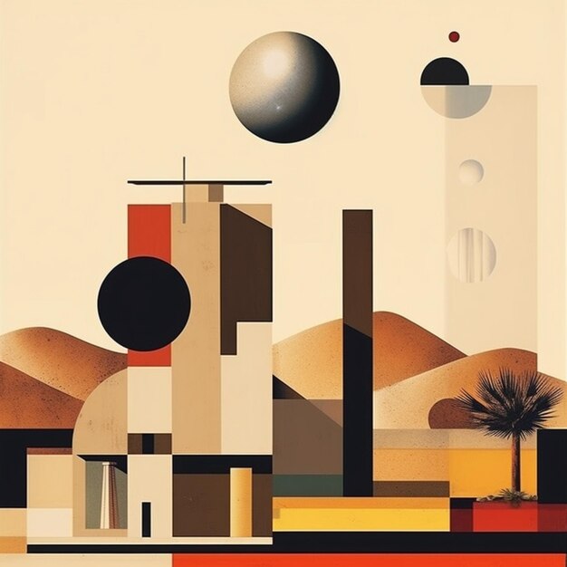 A close up of a painting of a desert with a building and a ball generative ai