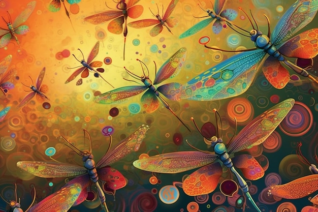 A close up of a painting of dragonflies and circles generative ai