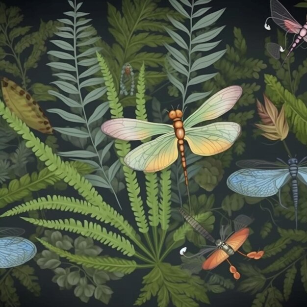 a close up of a painting of dragonflies and ferns generative ai