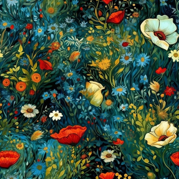 a close up of a painting of a field of flowers generative ai