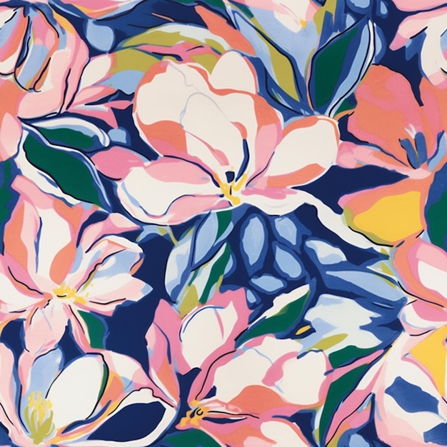 a close up of a painting of flowers on a blue background generative ai