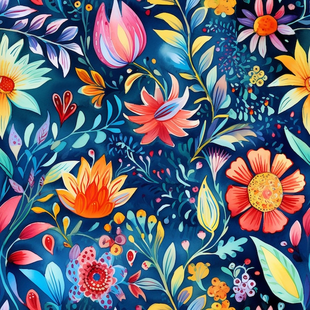 a close up of a painting of flowers on a blue background generative ai