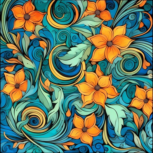 A close up of a painting of flowers on a blue background generative ai