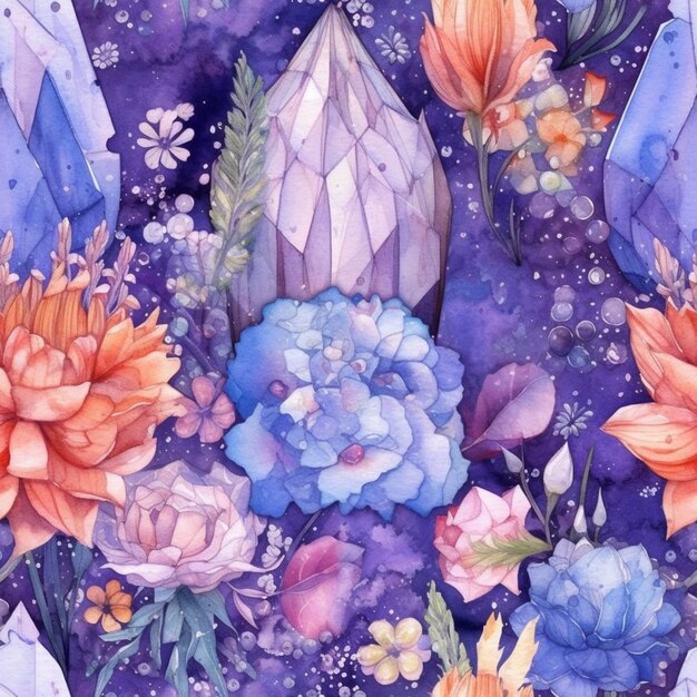 A close up of a painting of flowers and crystals on a purple background generative ai