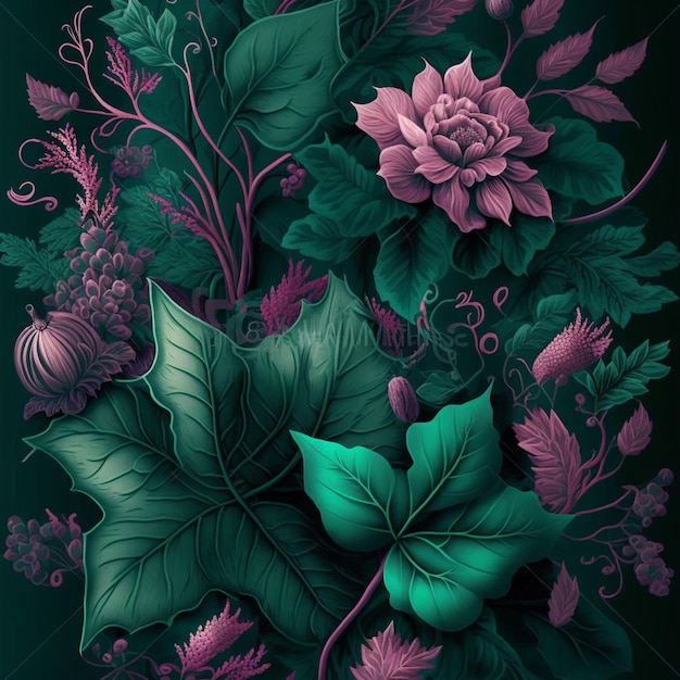 A close up of a painting of flowers and leaves on a black background generative ai