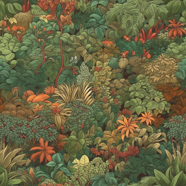 様々な植物が生み出される森林の絵画のクローズアップ