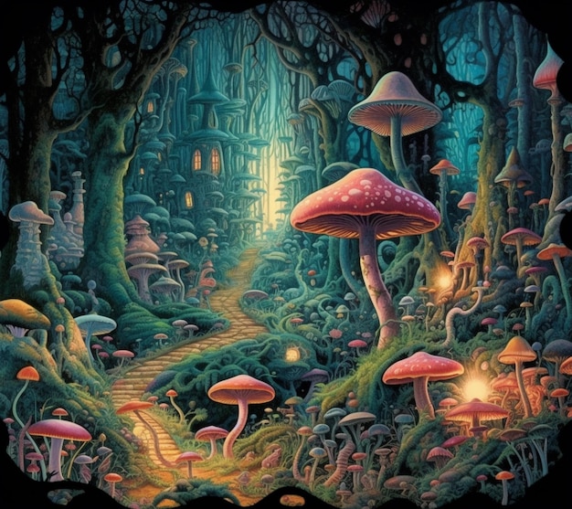 a close up of a painting of a forest with mushrooms generative ai