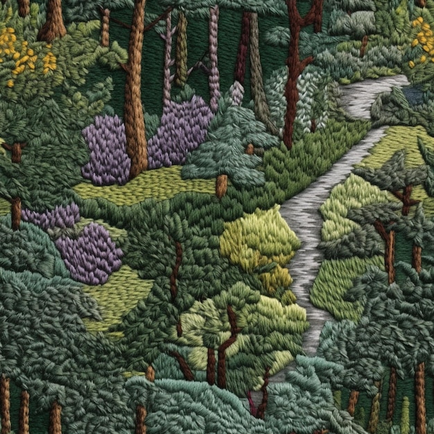 A close up of a painting of a forest with a path generative ai