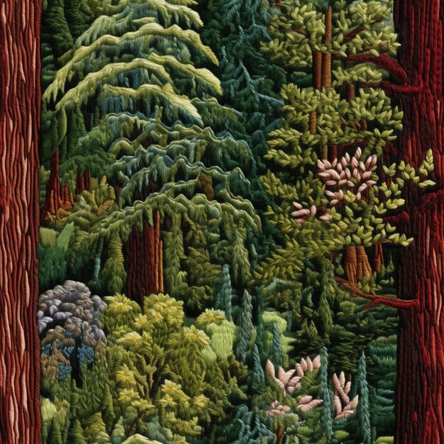 Photo a close up of a painting of a forest with trees generative ai