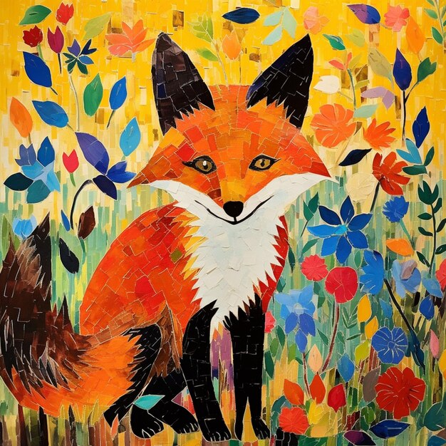 a close up of a painting of a fox in a field of flowers generative ai
