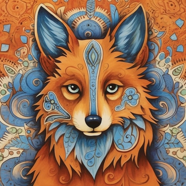 Photo a close up of a painting of a fox with a blue and orange design generative ai