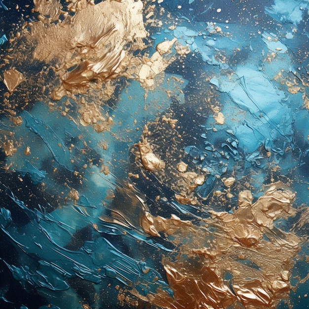 A close up of a painting of gold and blue with a black background generative ai