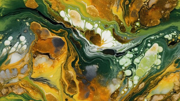 A close up of a painting of a green and yellow swirl