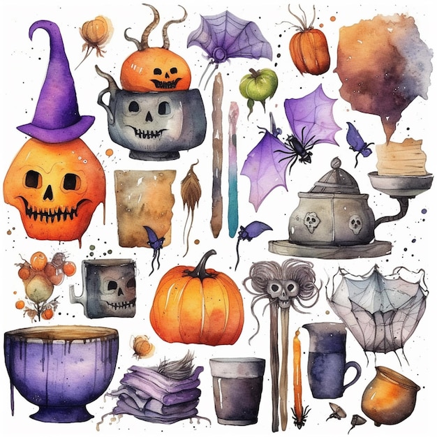 a close up of a painting of halloween items on a white background generative ai