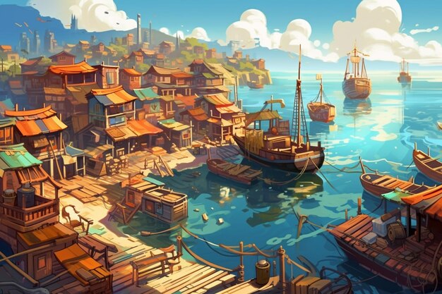 A close up of a painting of a harbor with boats generative ai