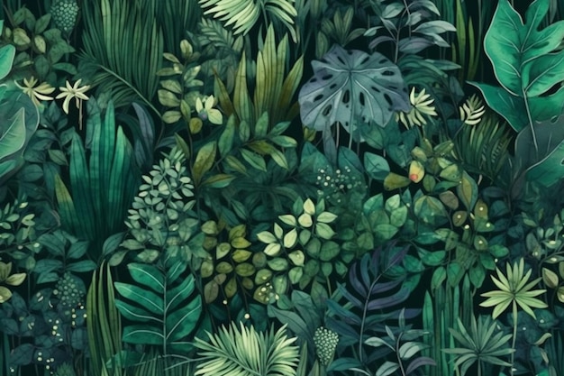 A close up of a painting of a jungle with lots of plants generative ai