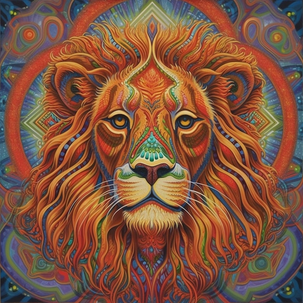 A close up of a painting of a lion with a colorful background generative ai