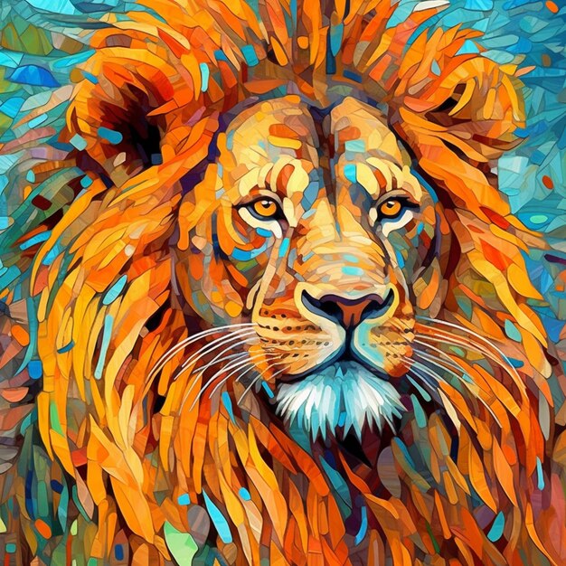 A close up of a painting of a lion with a colorful mane generative ai