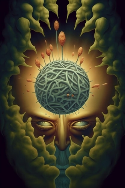 Крупный план картины человека с мозгом в голове, генеративный ИИ