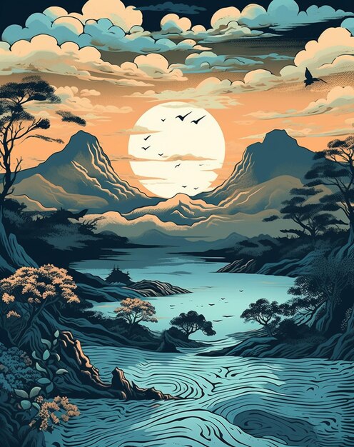 湖のジェネレーティブアイの山の風景の絵画のクローズアップ