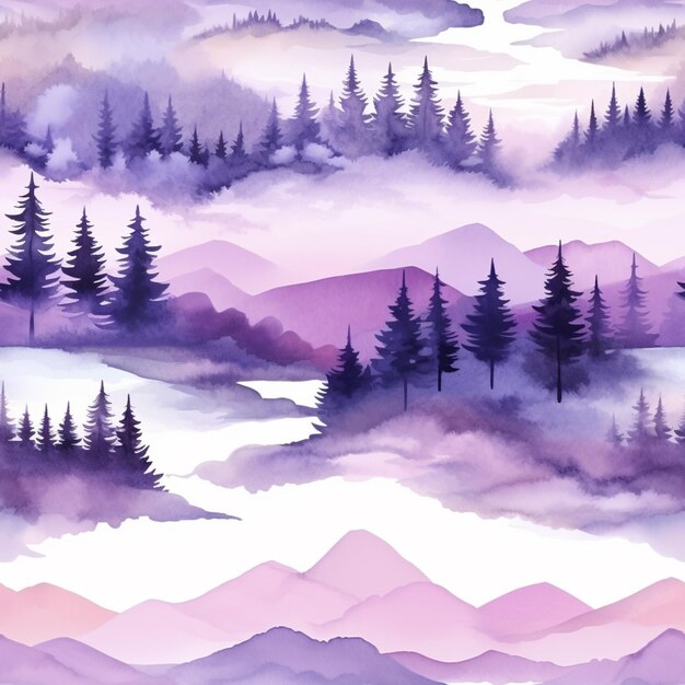 A close up of a painting of a mountain scene with trees generative ai