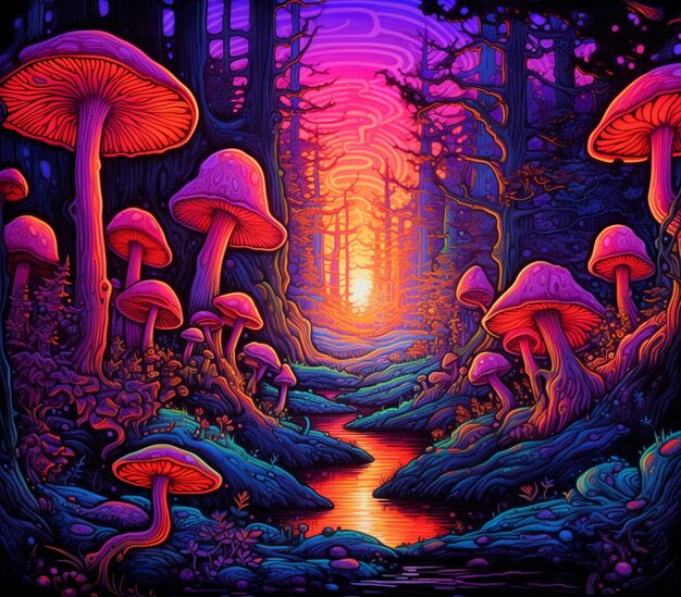 A close up of a painting of mushrooms in a forest generative ai
