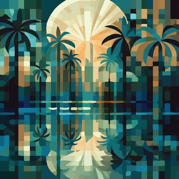Foto un primo piano di un dipinto di una palma e un lago ai generativi