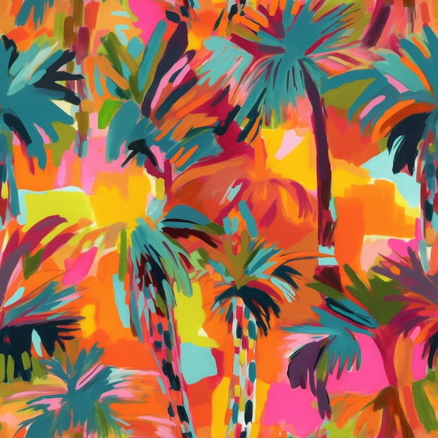 a close up of a painting of palm trees with bright colors generative ai