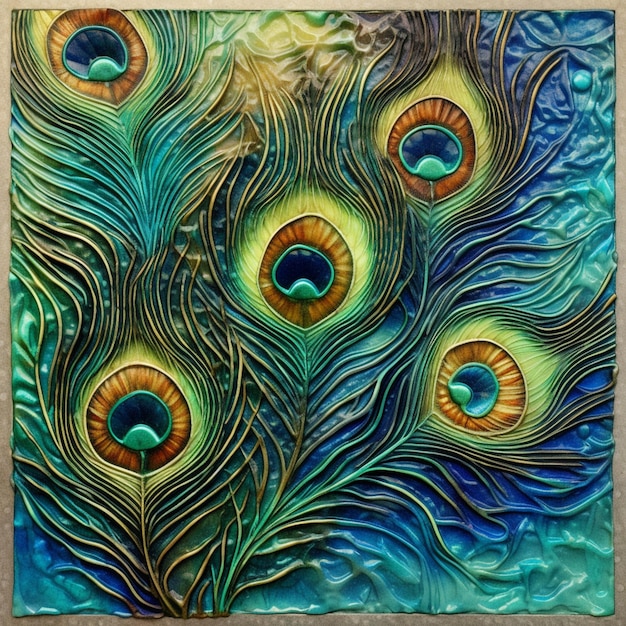 a close up of a painting of peacock feathers on a wall generative ai