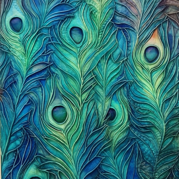 a close up of a painting of peacock feathers on a wall generative ai
