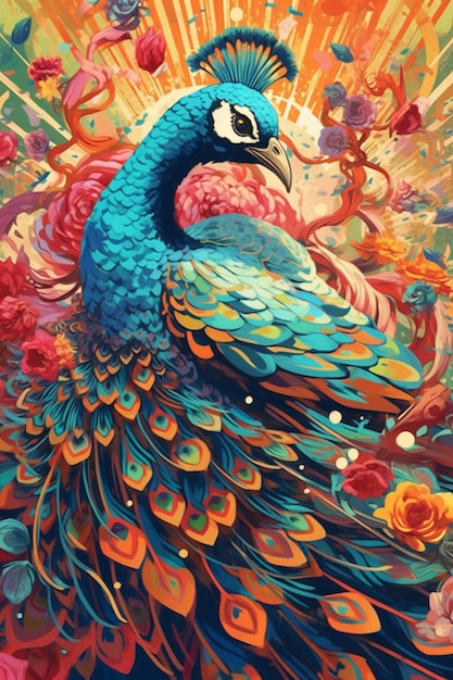 A close up of a painting of a peacock with flowers generative ai